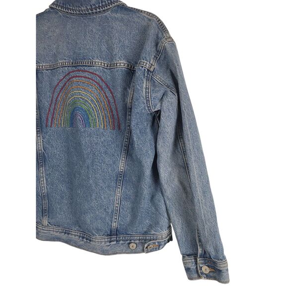 Old Navy Pride Denim Jean Jacket S Womens Boyfriend Blue Rainbow Button Front - Picture 11 of 12